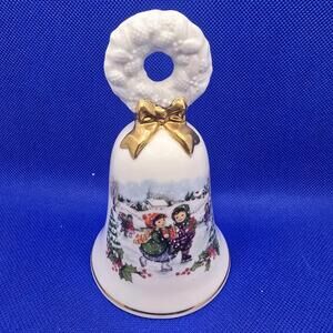 Vintage 1986 Avon Porcelain Christmas Bell Wreath Handle Skating Boy and Girl